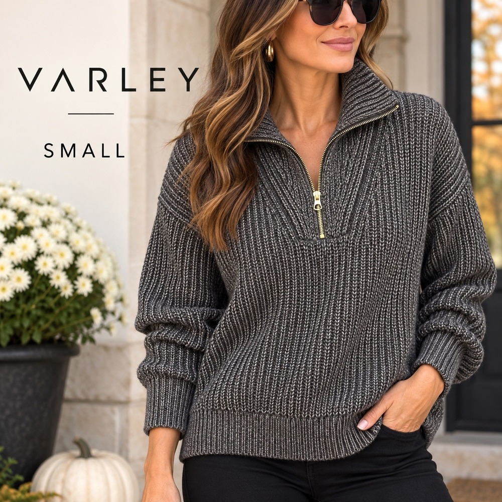 Varley Dakota Knit 1/2 zip Sweater Women S Brown Ribbed Pullover Cotton Oversize